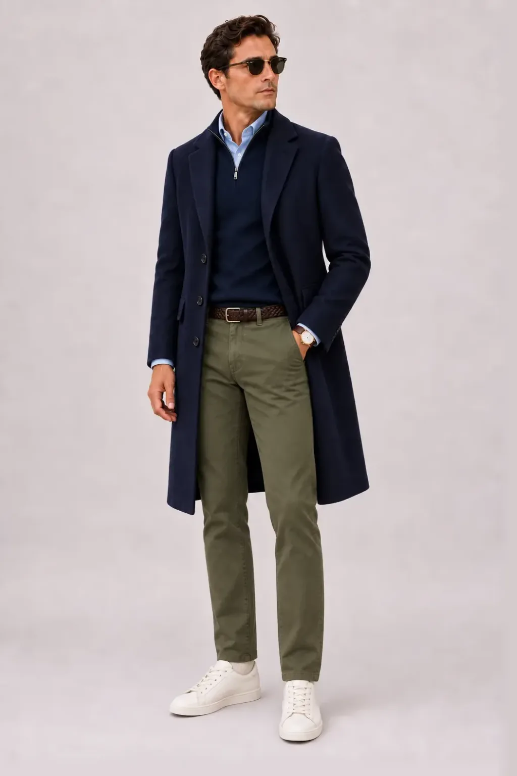 Langer Mantel Navy über Half-Zip Pullover Feinstrick, dazu Chino Oliv und Sneaker — Button-Down-Hemd Hellblau