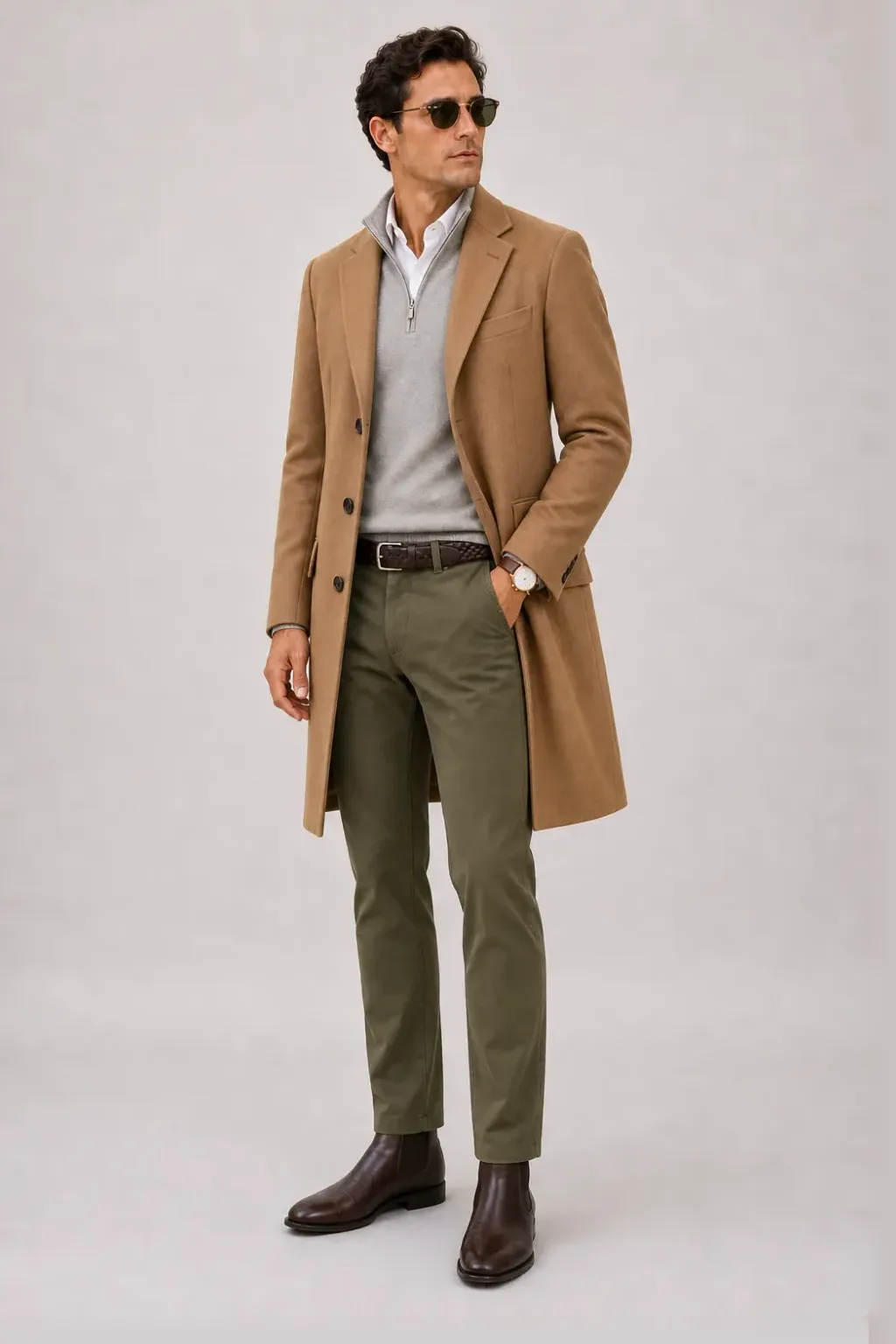 Langer Mantel Camel über Half-Zip Pullover Feinstrick, dazu Chino Oliv und Chelsea Boot
