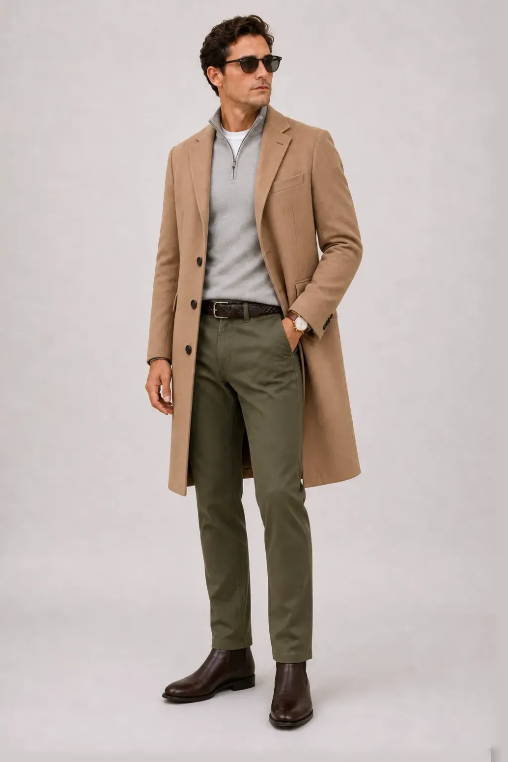 Langer Mantel Camel über Half-Zip Pullover Feinstrick, dazu Chino Oliv und Chelsea Boot — T-Shirt Weiss
