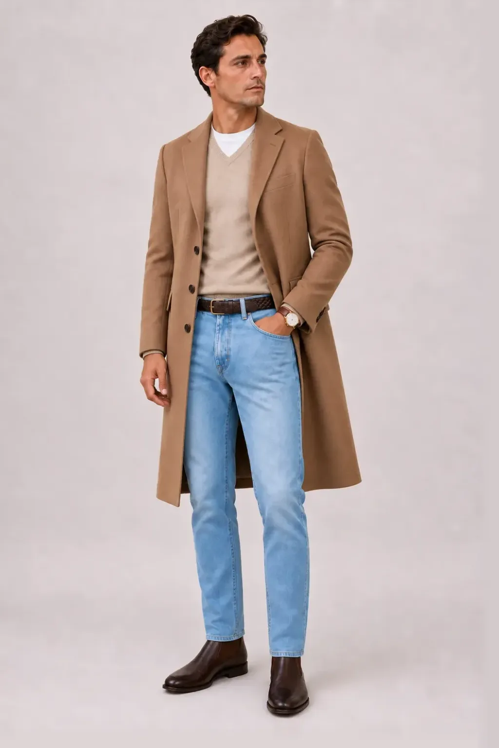 Langer Mantel Camel über T-Shirt, dazu Jeans Hellblau und Chelsea Boot — V-Neck-Pullover Feinstrick Beige