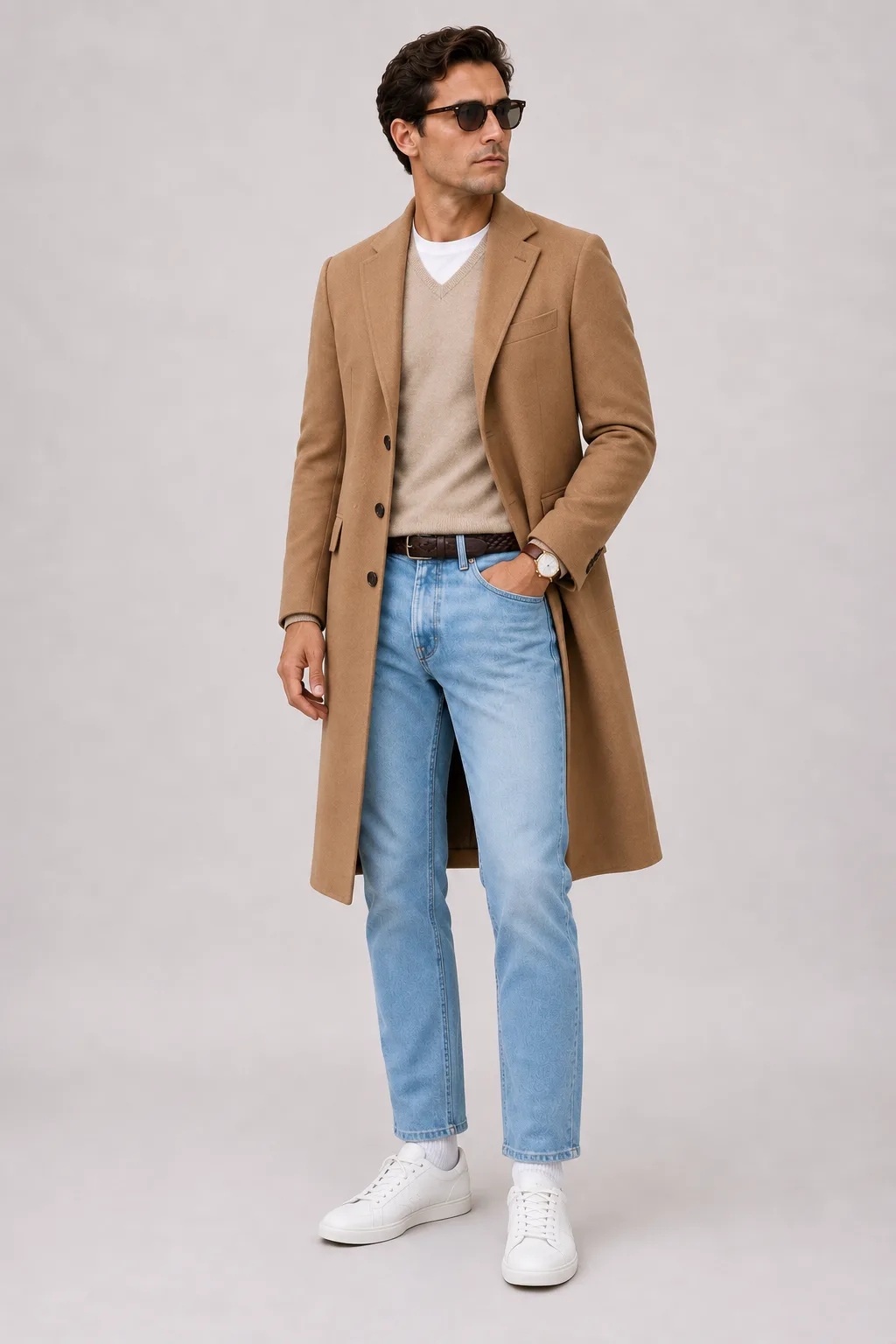 Langer Mantel Camel über V-Neck-Pullover Feinstrick, dazu Jeans Hellblau und Chelsea Boot