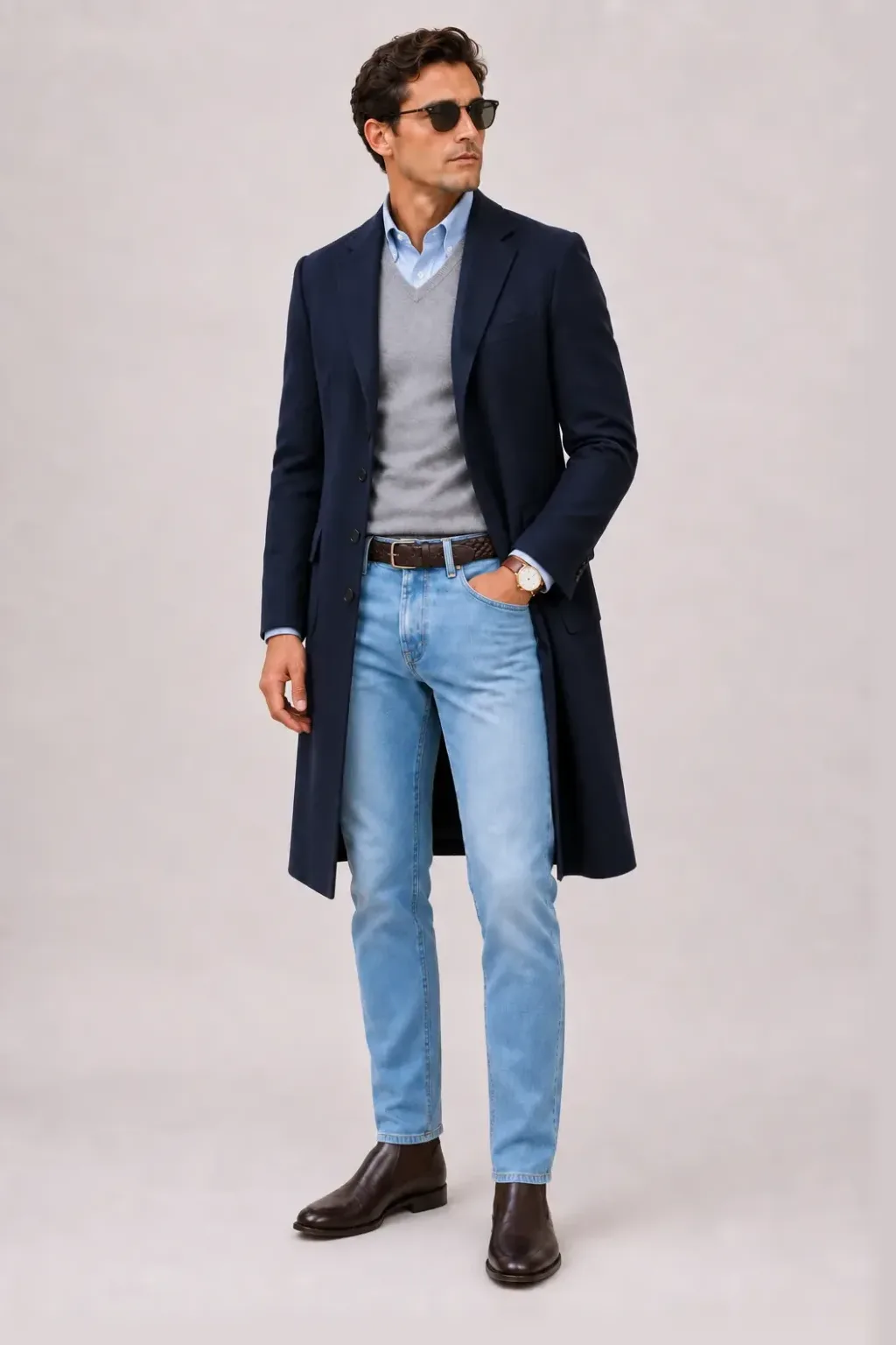 Langer Mantel Navy über V-Neck-Pullover Feinstrick, dazu Jeans Hellblau und Chelsea Boot