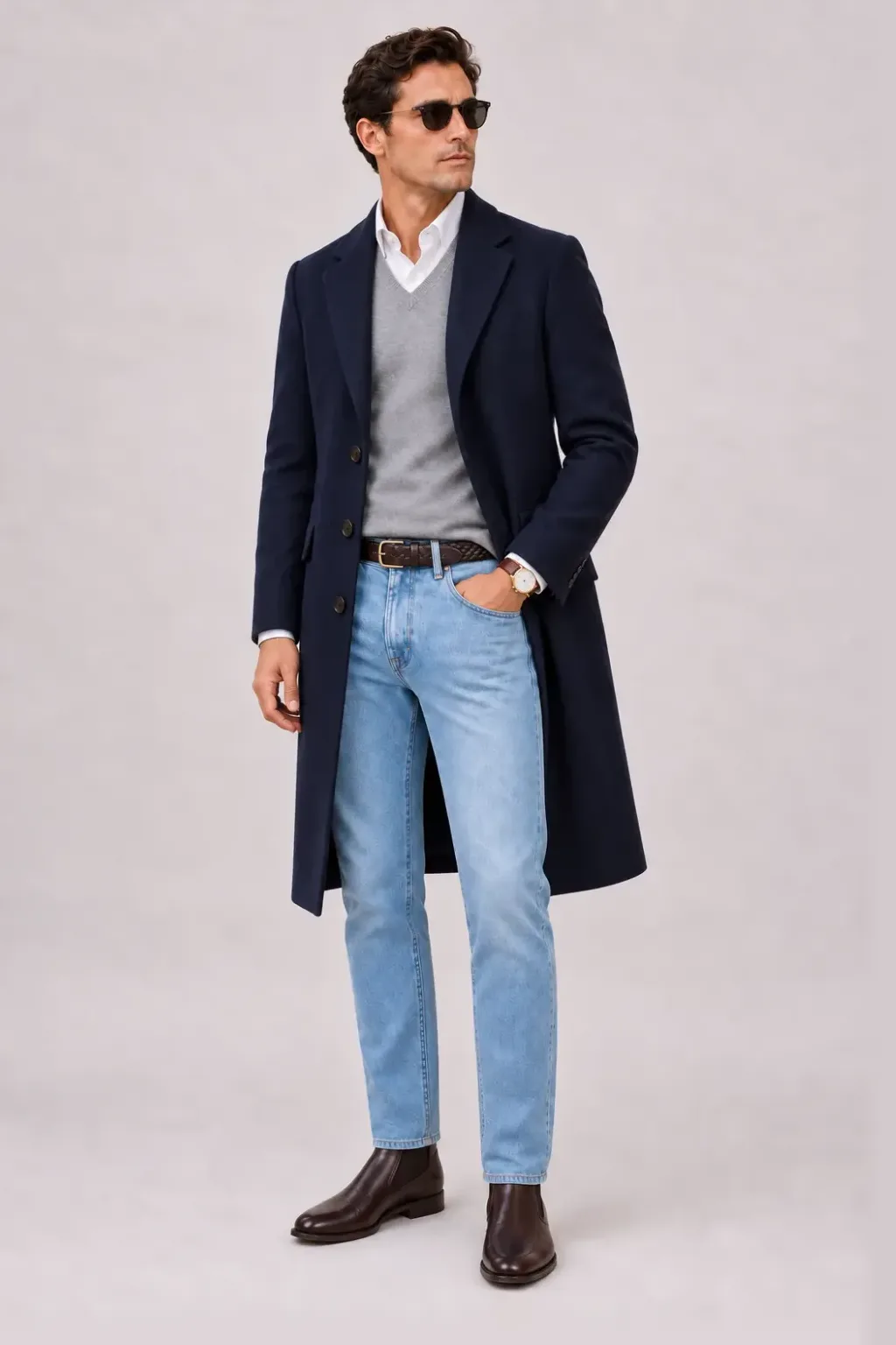 Langer Mantel Navy über V-Neck-Pullover Feinstrick, dazu Jeans Hellblau und Chelsea Boot — Button-Down-Hemd Weiss