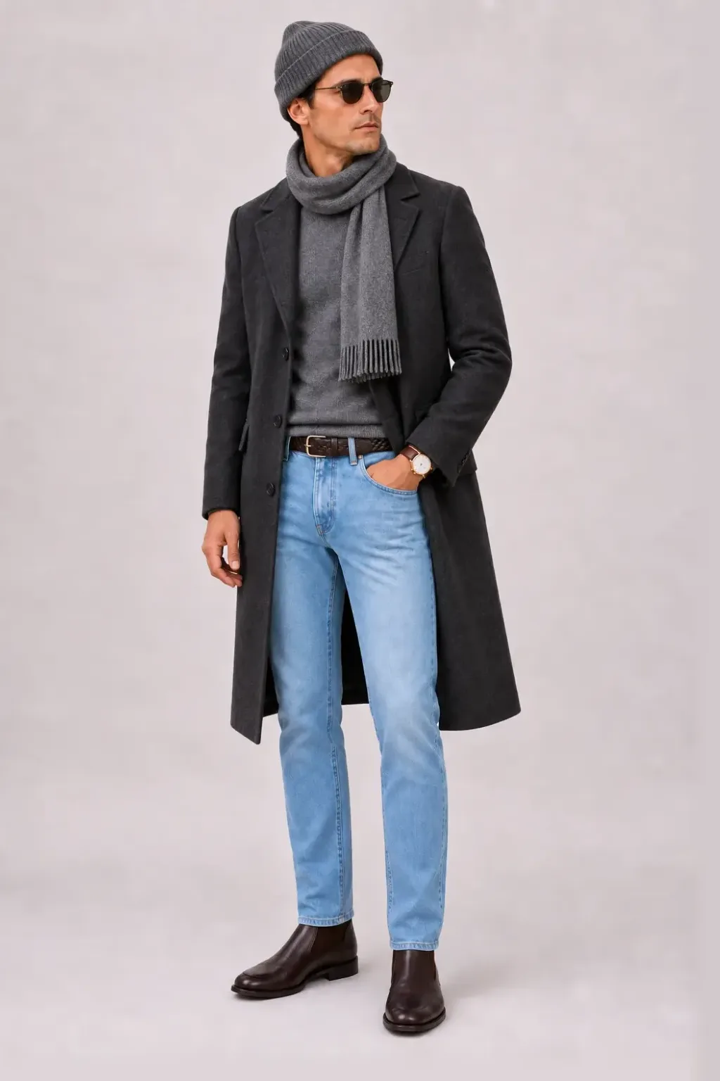 Langer Mantel Dunkelgrau über Crewneck-Pullover Feinstrick, dazu Jeans Hellblau und Chelsea Boot
