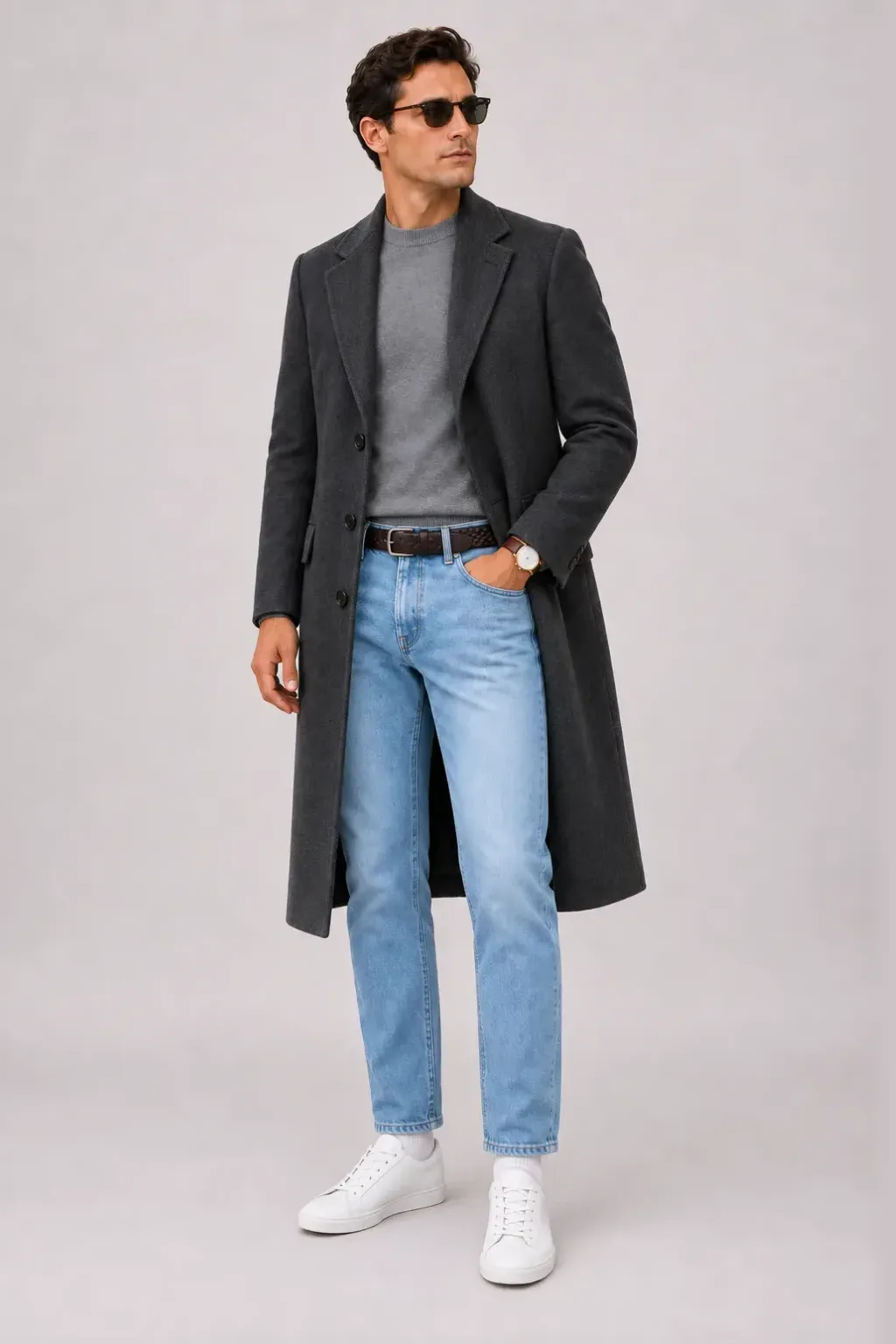 Langer Mantel Dunkelgrau über Crewneck-Pullover Feinstrick, dazu Jeans Hellblau und Chelsea Boot