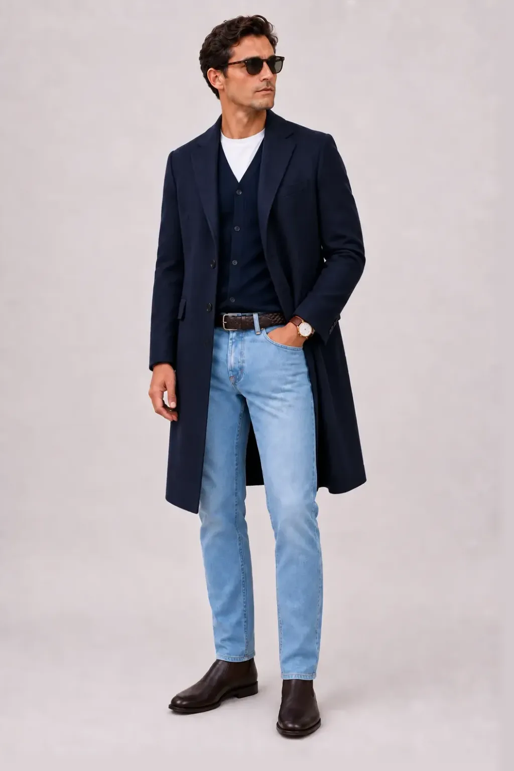 Langer Mantel Navy über Strickpolo Beige, dazu Jeans Hellblau und Chelsea Boot — Cardigan Navy