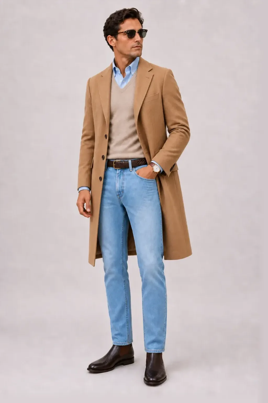 Langer Mantel Camel über T-Shirt, dazu Jeans Hellblau und Chelsea Boot — V-Neck-Pullover Feinstrick Beige
