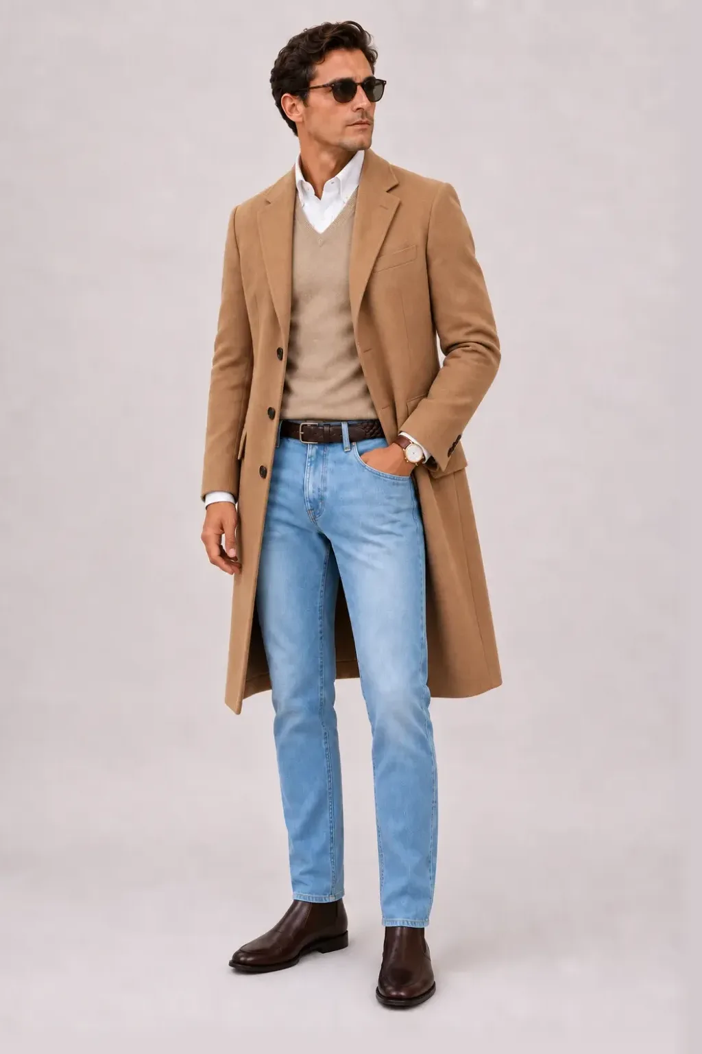 Langer Mantel Camel über V-Neck-Pullover Feinstrick Beige und Button-Down-Hemd Hellblau, dazu Jeans Hellblau und Chelsea Boot — Button-Down-Hemd Weiss