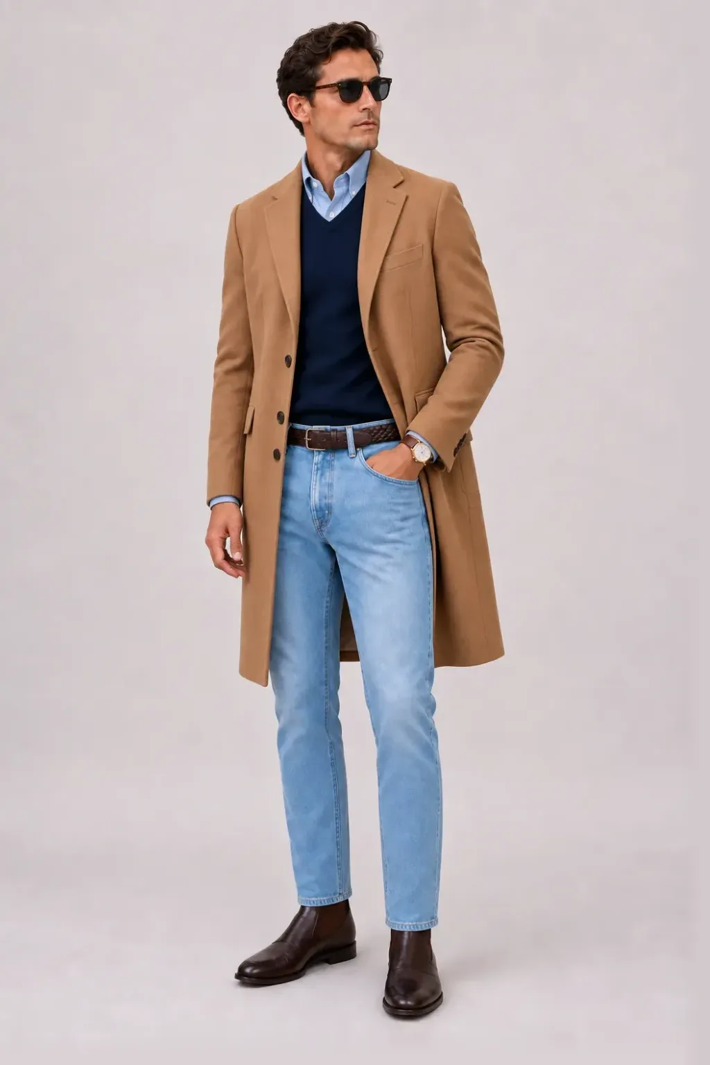 Langer Mantel Camel über T-Shirt, dazu Jeans Hellblau und Chelsea Boot — V-Neck-Pullover Feinstrick Navy