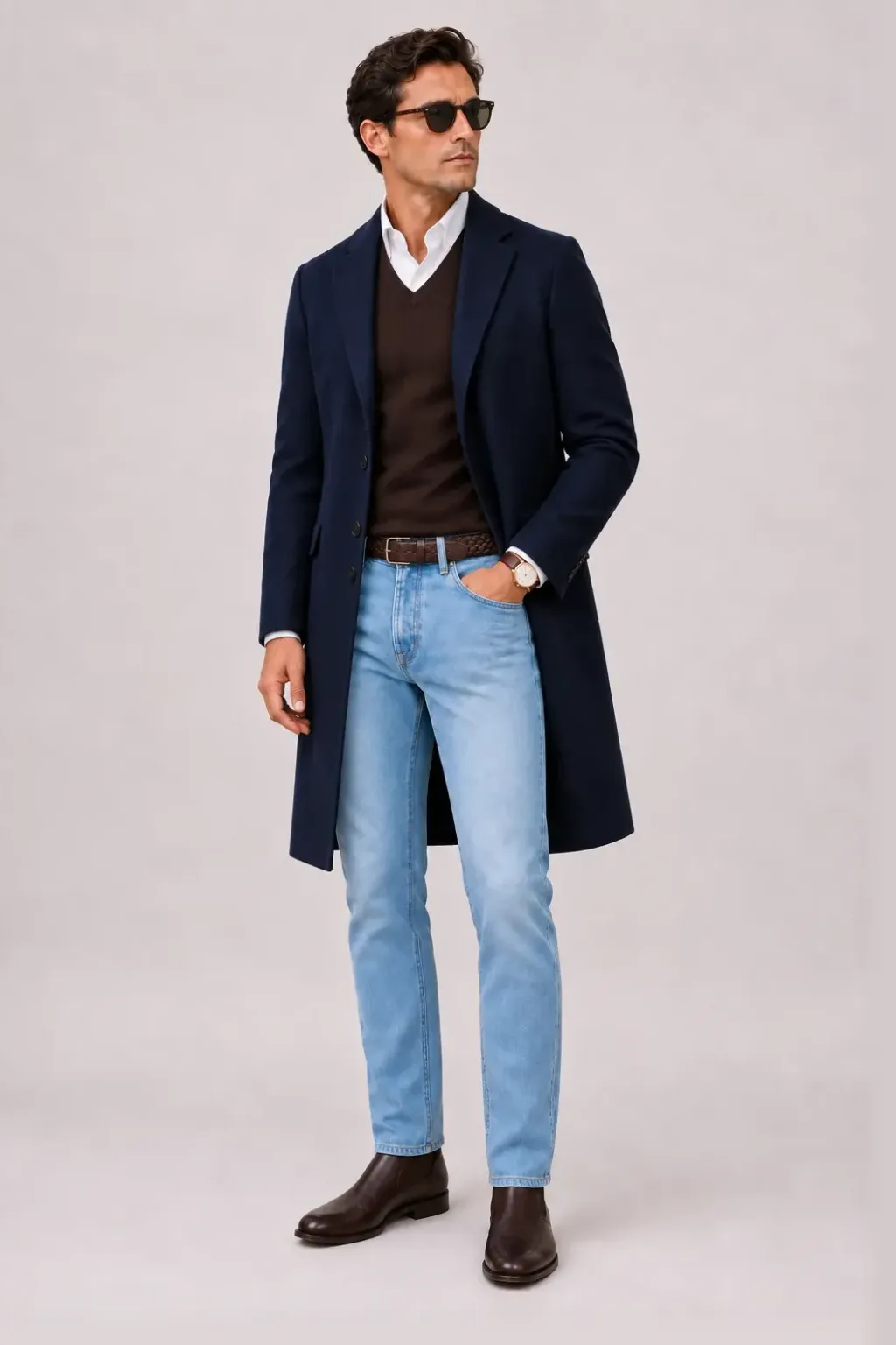 Langer Mantel Navy über V-Neck-Pullover Feinstrick Schokobraun und Button-Down-Hemd Weiss, dazu Jeans Hellblau und Chelsea Boot