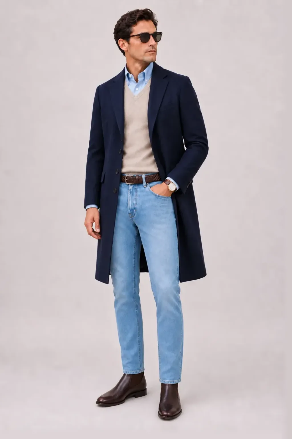 Langer Mantel Navy über V-Neck-Pullover Feinstrick Beige und Button-Down-Hemd Hellblau, dazu Jeans Hellblau und Chelsea Boot
