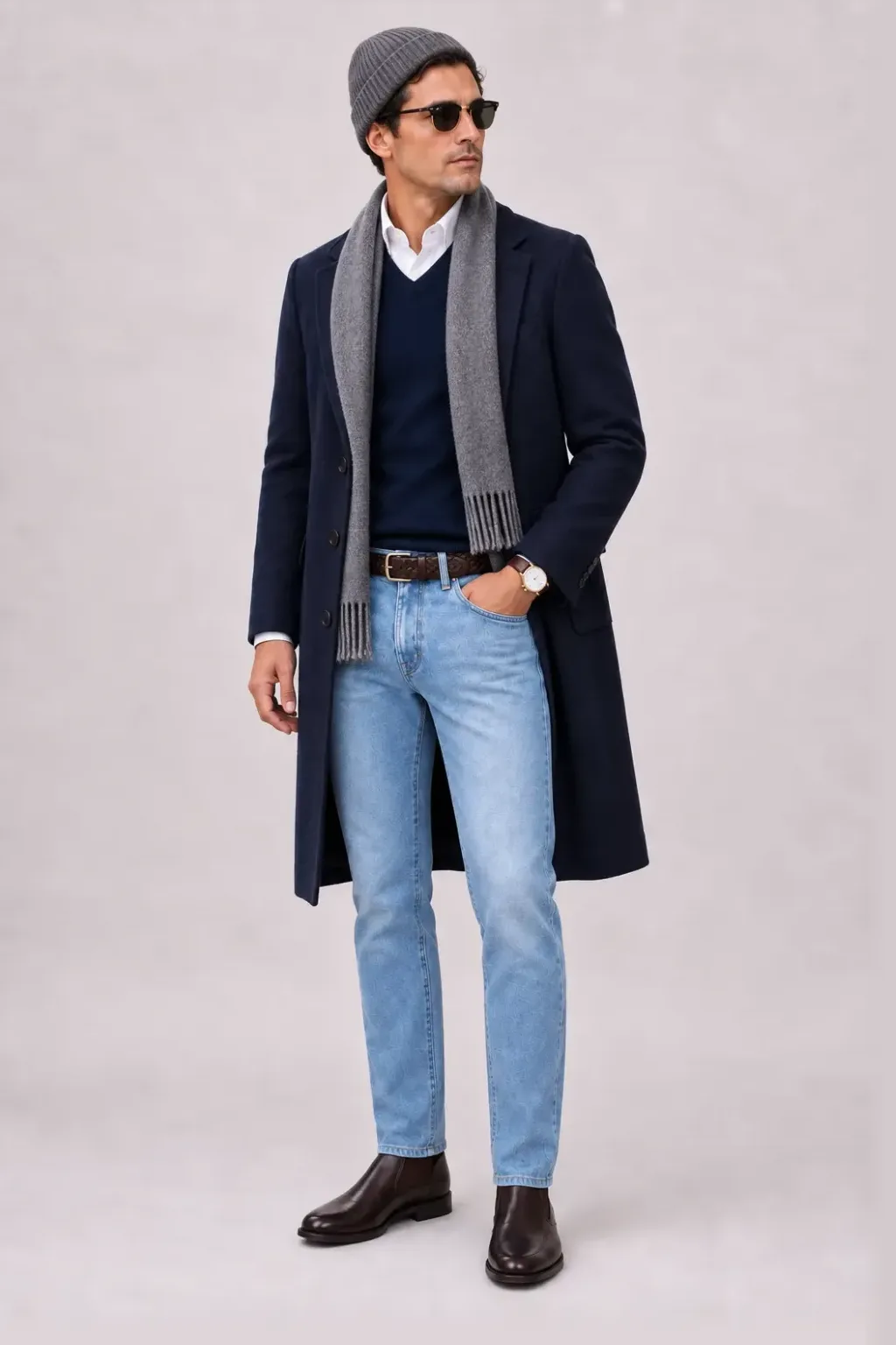 Langer Mantel Navy über V-Neck-Pullover Feinstrick Navy und Button-Down-Hemd Weiss, dazu Jeans Hellblau und Chelsea Boot