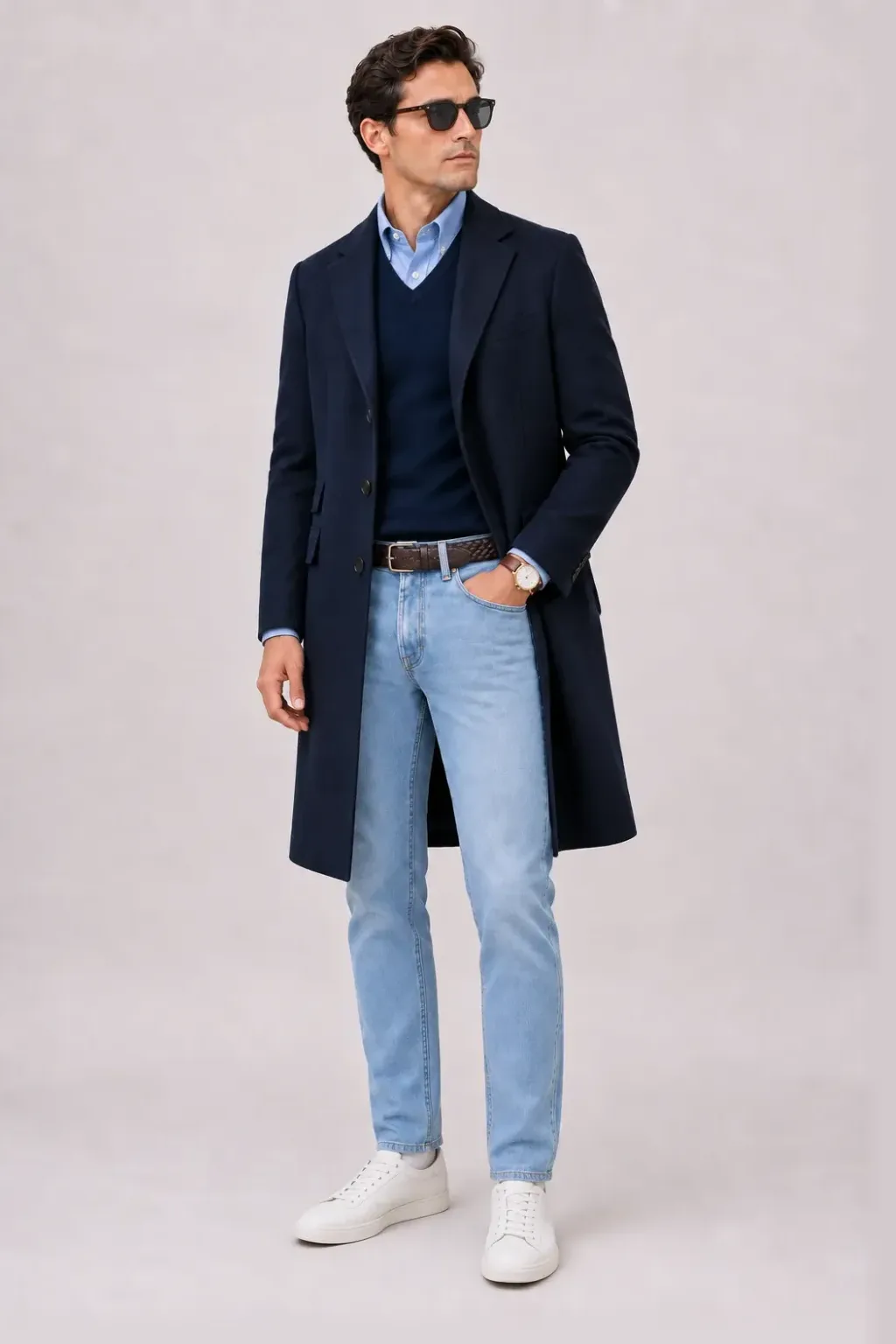 Langer Mantel Navy über V-Neck-Pullover Feinstrick Navy und Button-Down-Hemd Weiss, dazu Jeans Hellblau und Chelsea Boot — Button-Down-Hemd Hellblau