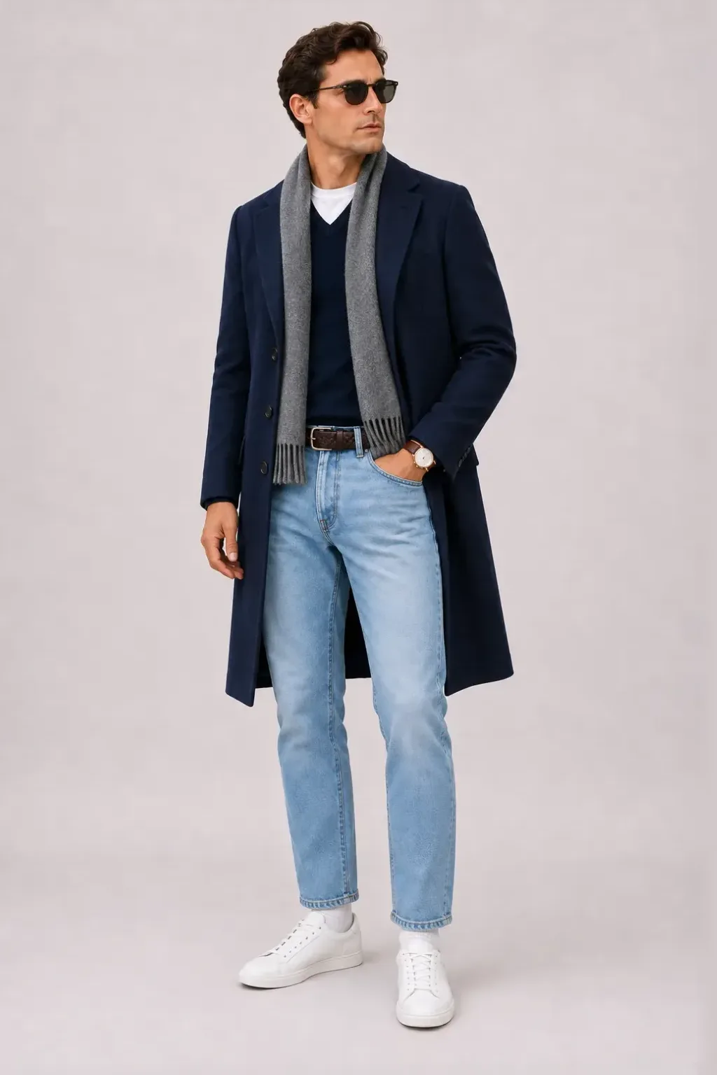Langer Mantel Navy über V-Neck-Pullover Feinstrick Navy und Button-Down-Hemd Weiss, dazu Jeans Hellblau und Chelsea Boot — T-Shirt Weiss