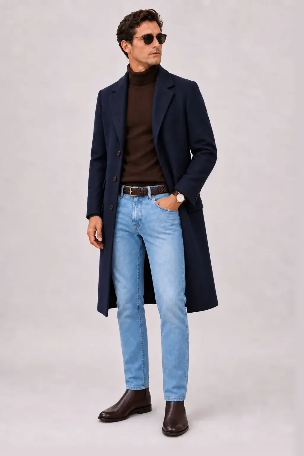 Langer Mantel Navy über Button-Down-Hemd Hellblau und T-Shirt Weiss, dazu Jeans Hellblau und Chelsea Boot — Rollkragenpullover Schokobraun