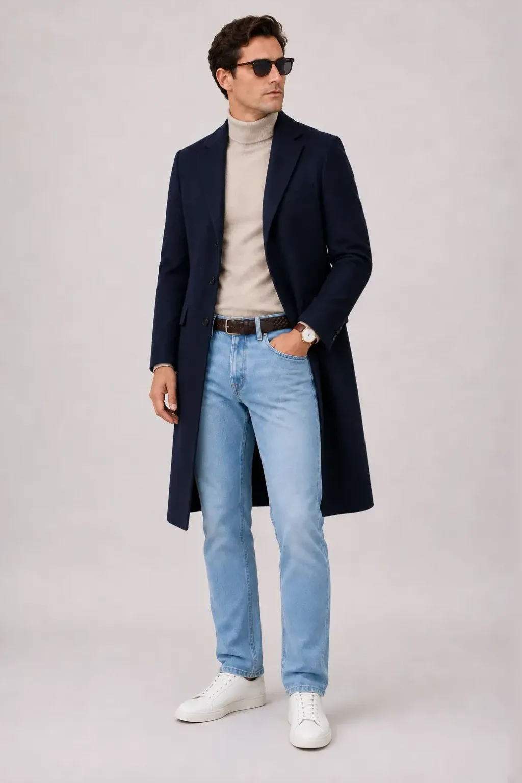 Langer Mantel Navy über Rollkragenpullover, dazu Jeans Hellblau und Chelsea Boot