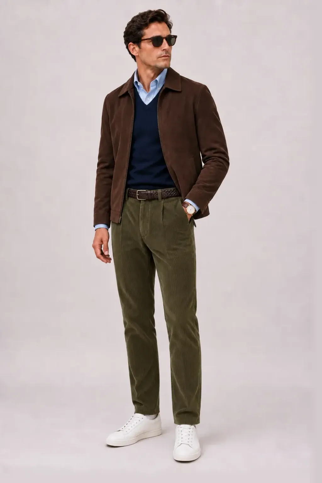 Wildlederjacke Schokobraun über V-Neck-Pullover Feinstrick, dazu Cordhose Oliv und Chelsea Boot Wildleder