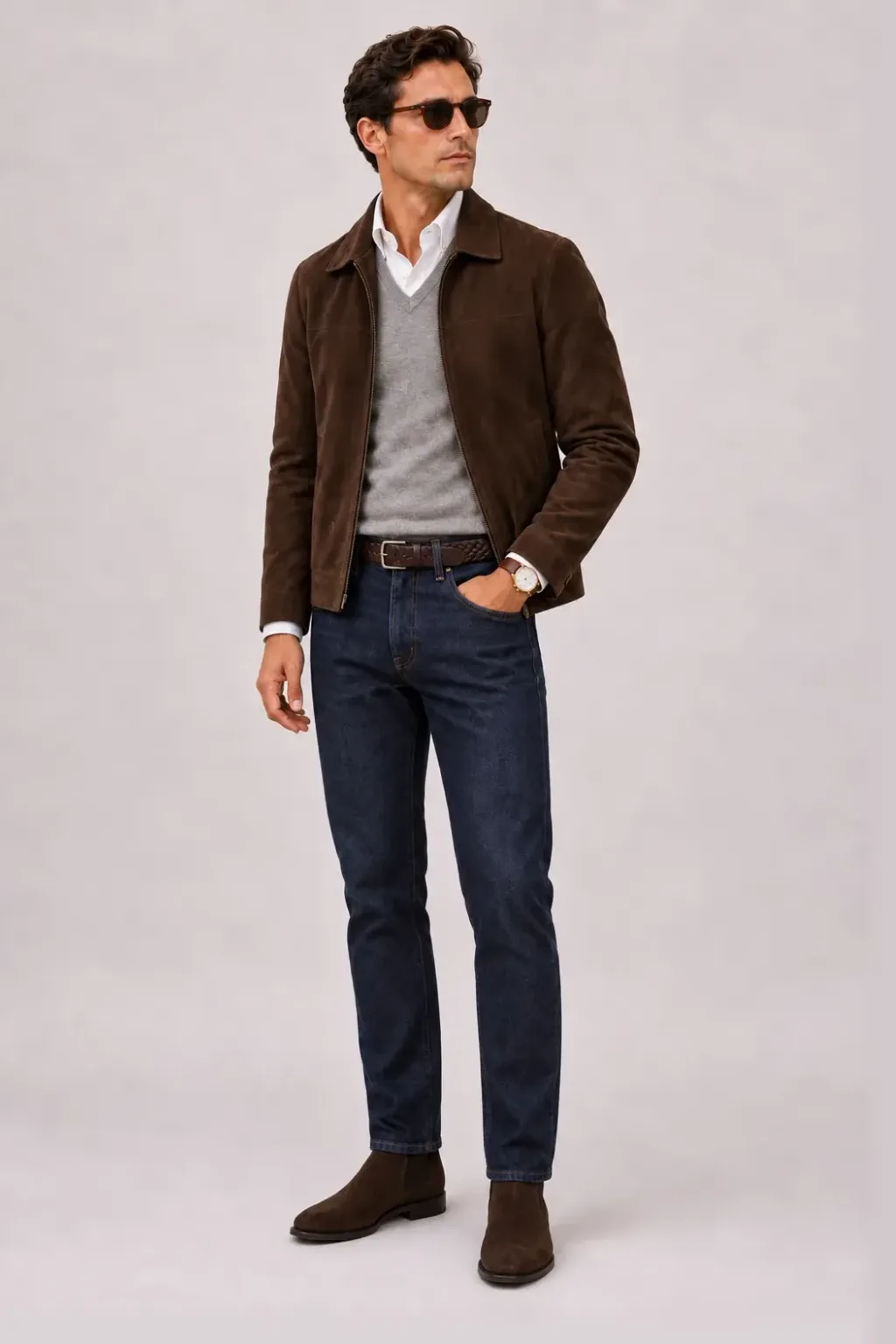 Harrington Blouson Dunkelbraun über Crewneck-Pullover Feinstrick, dazu Jeans Navy und Sneaker — ≈ mit V-Neck-Pullover Feinstrick darunter Wildlederjacke statt Harrington Blouson +1