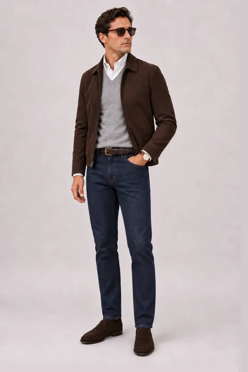 Wildlederjacke Schokobraun über V-Neck-Pullover Feinstrick, dazu Jeans Navy und Chelsea Boot Wildleder