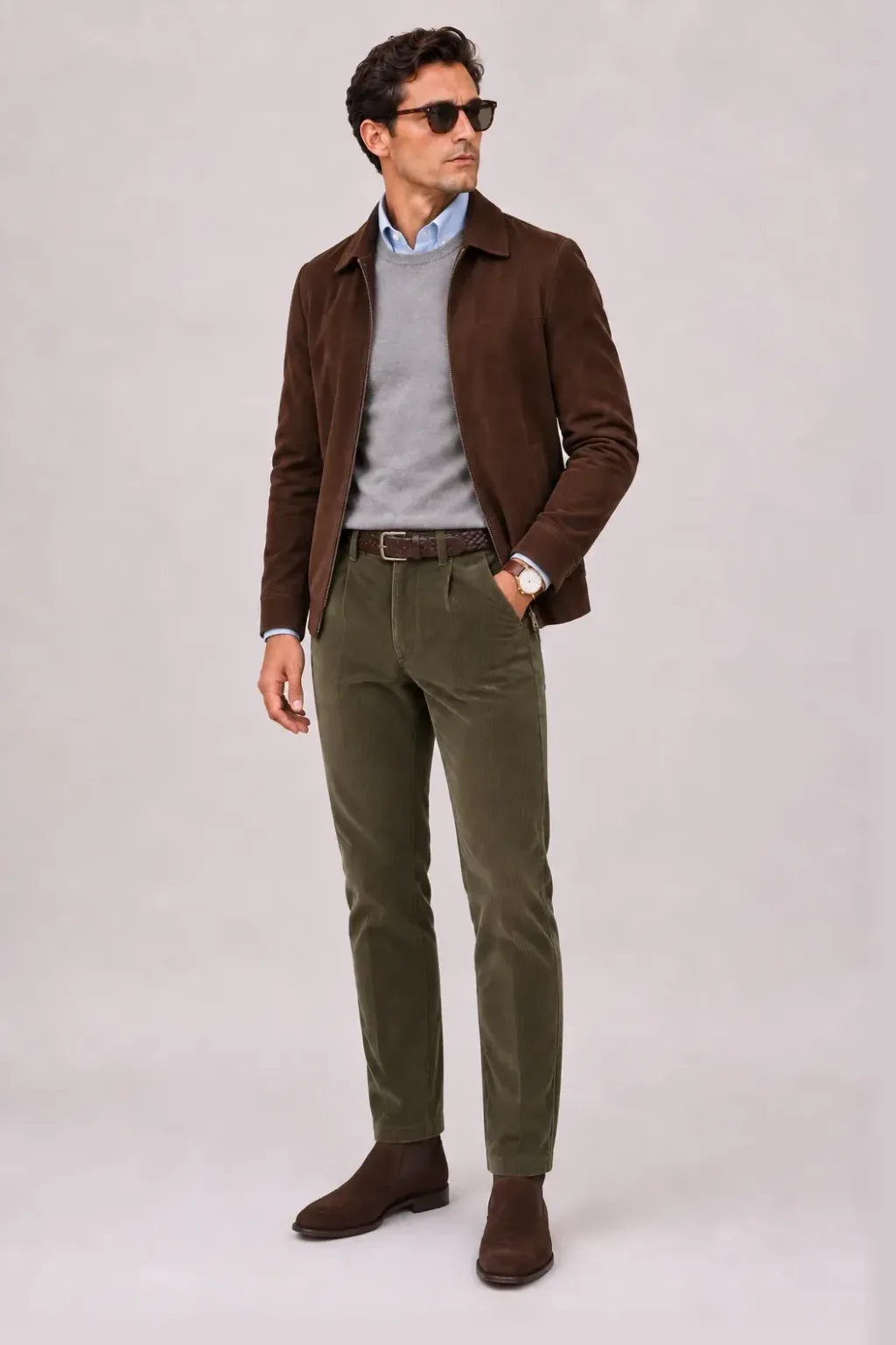 Wildlederjacke Schokobraun über Crewneck-Pullover Feinstrick, dazu Cordhose Oliv und Chelsea Boot Wildleder