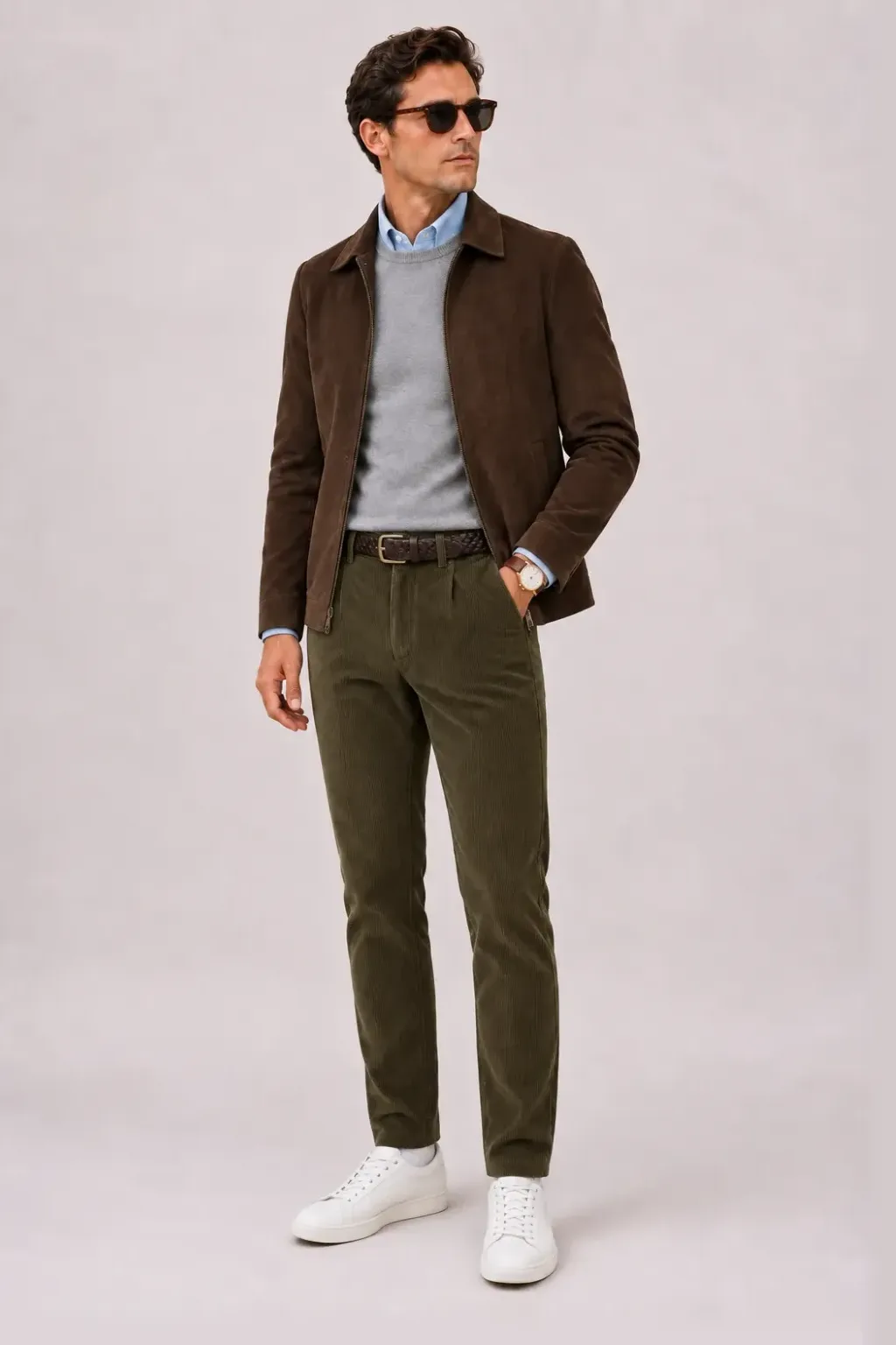 Wildlederjacke Schokobraun über Crewneck-Pullover Feinstrick, dazu Cordhose Oliv und Chelsea Boot Wildleder
