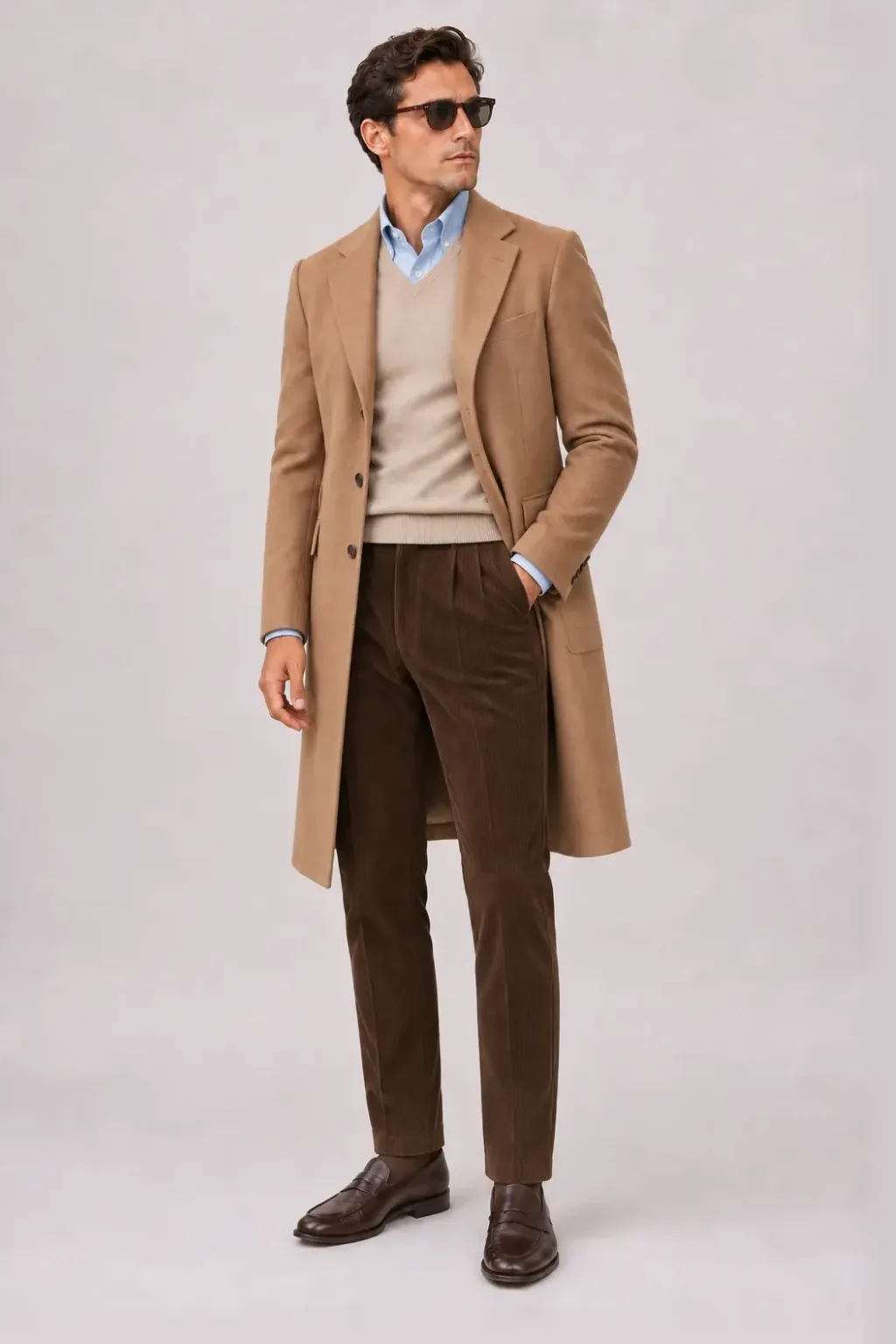 Langer Mantel Camel über V-Neck-Pullover Feinstrick, dazu Cordhose Tabakbraun und Penny Loafer